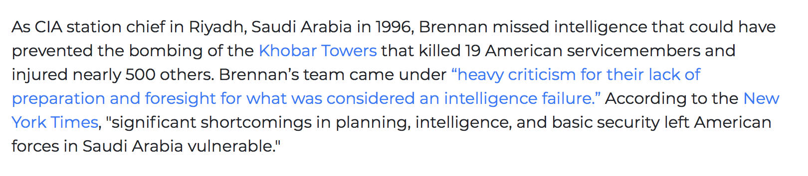 Brennan under heavy criticism for Khobar Towers